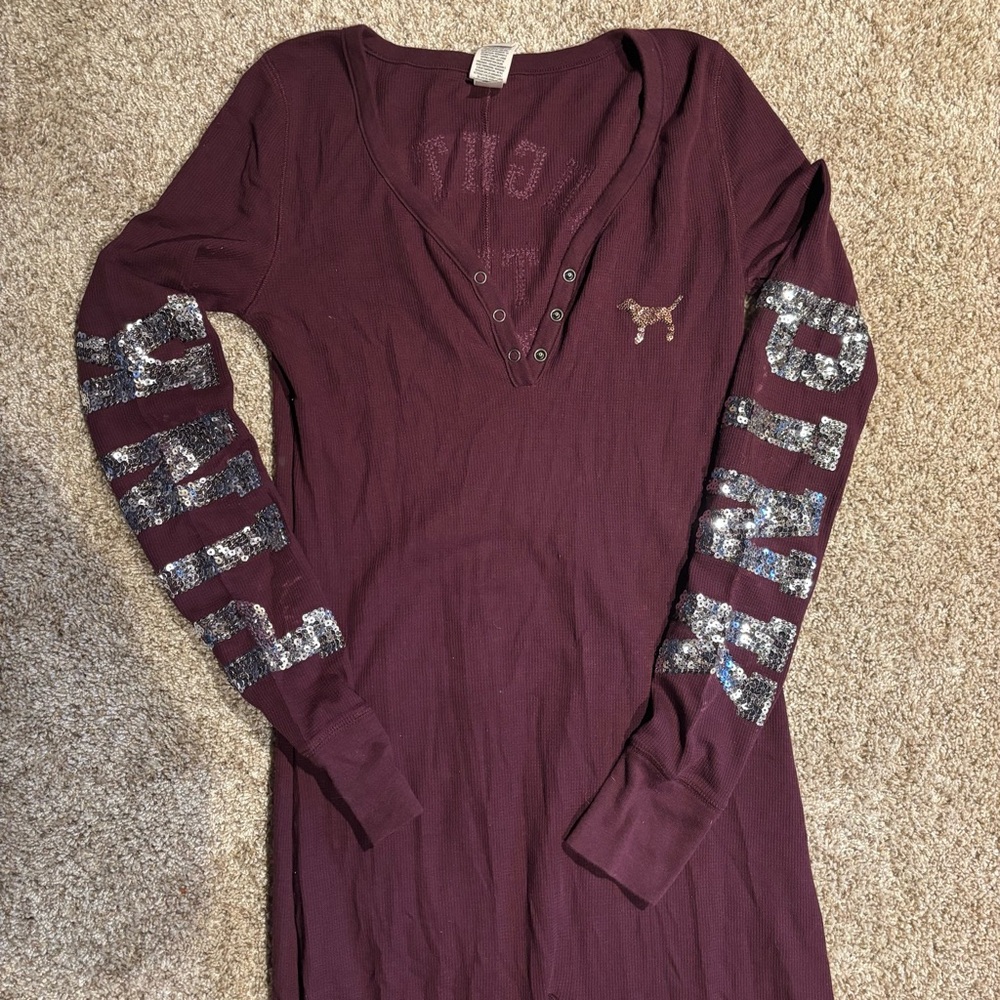 PINK Victoria's Secret Burgundy thermal body suit pajamas - Picture 2 of 7